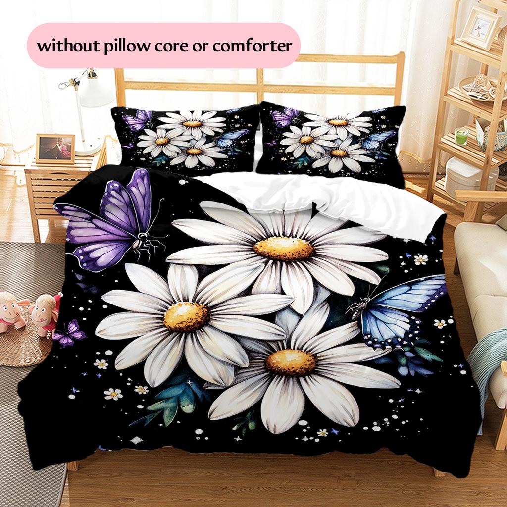 Daisy Butterfly  Pattern Bedding Quilt Set Quilt Cover Pillowcase Home Decoration  Gift (1 * Duvet Cover + 2 * Pillowcase, Without Core)