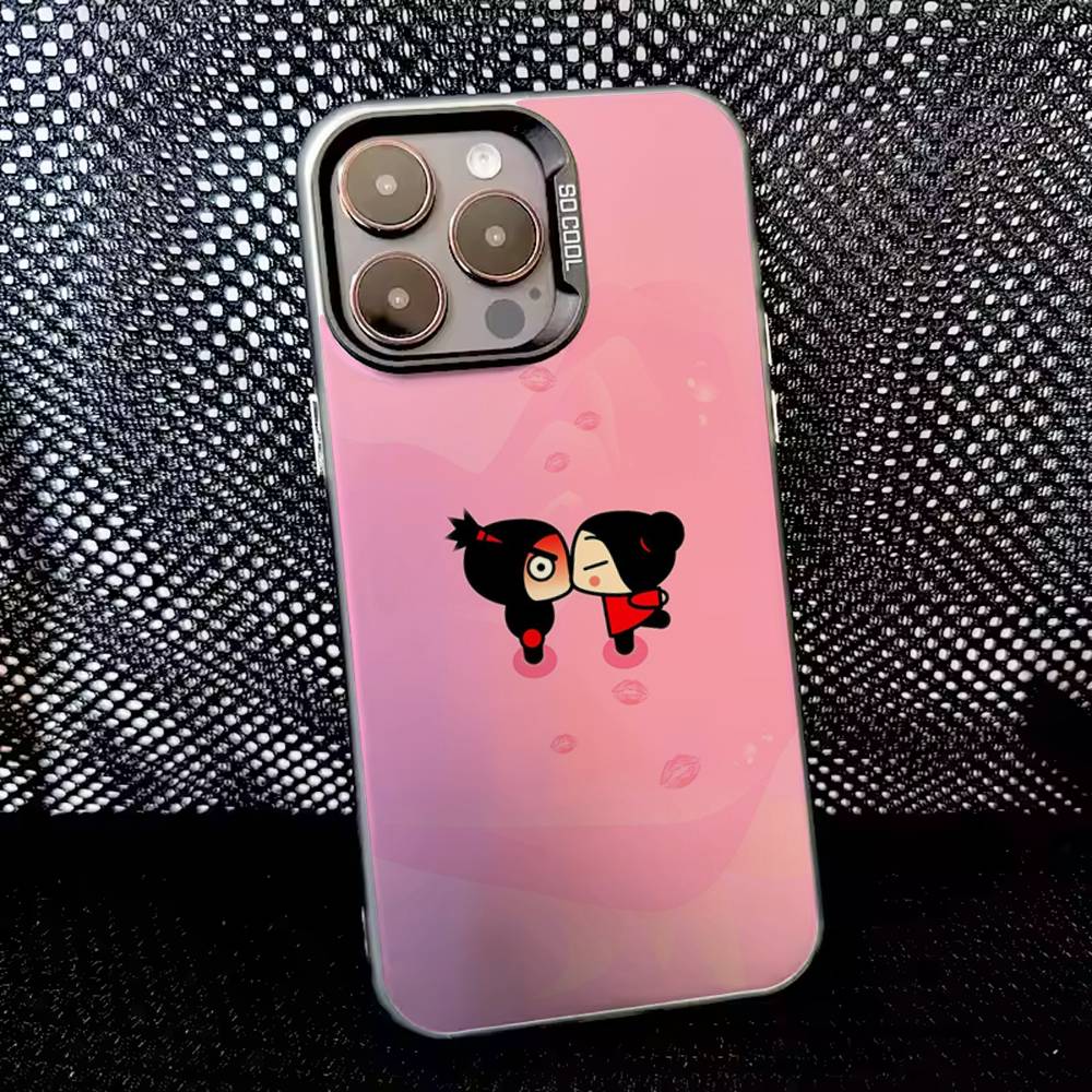 Pucca Cute Love Phone Case For iPhone 16,15,14,13,12,11,8,7,Pro,Max,Plus,Mini,XS,SE Anti Fall Black Matte Hard
