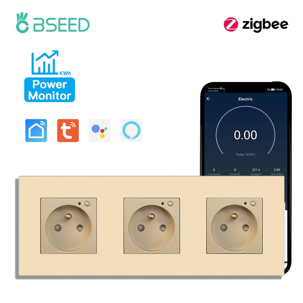 BSEED Zigbee French Smart Socket Doubel Wall Sockets Power Monitor Outlets Tuya Smart Life Alexa App Control Plastic Panel 16A