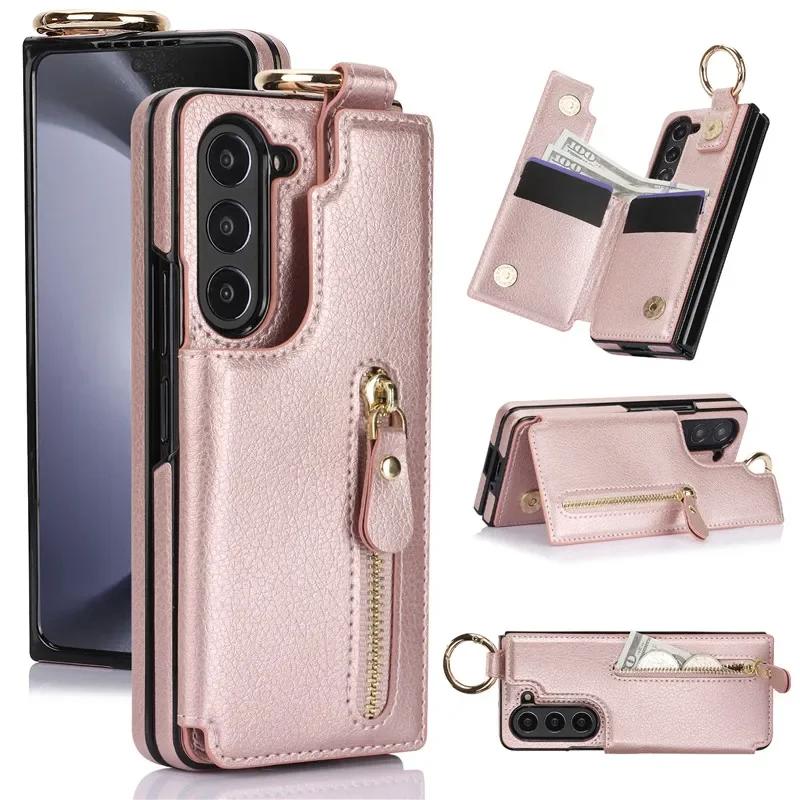 PU Leather Ring Zipper Wallet with Card Holder Phone Case for Samsung Galaxy Z Fold 6 5 4 3 Fold6 Fold5 Fold4 5G Kickstand Cover