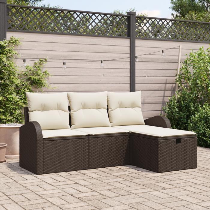 Ensemble de 4 pièces de canapé de jardin avec coussins en rotin poly marron, Canapé de jardin 2 places avec rangement 3360379