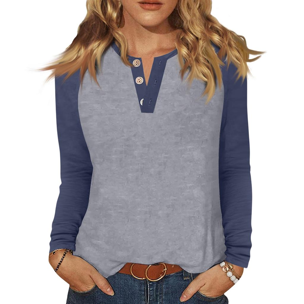 Women's T Shirt Color Block Button Long Sleeve Daily Weekend Fashion Basic V- Neck Regular Top