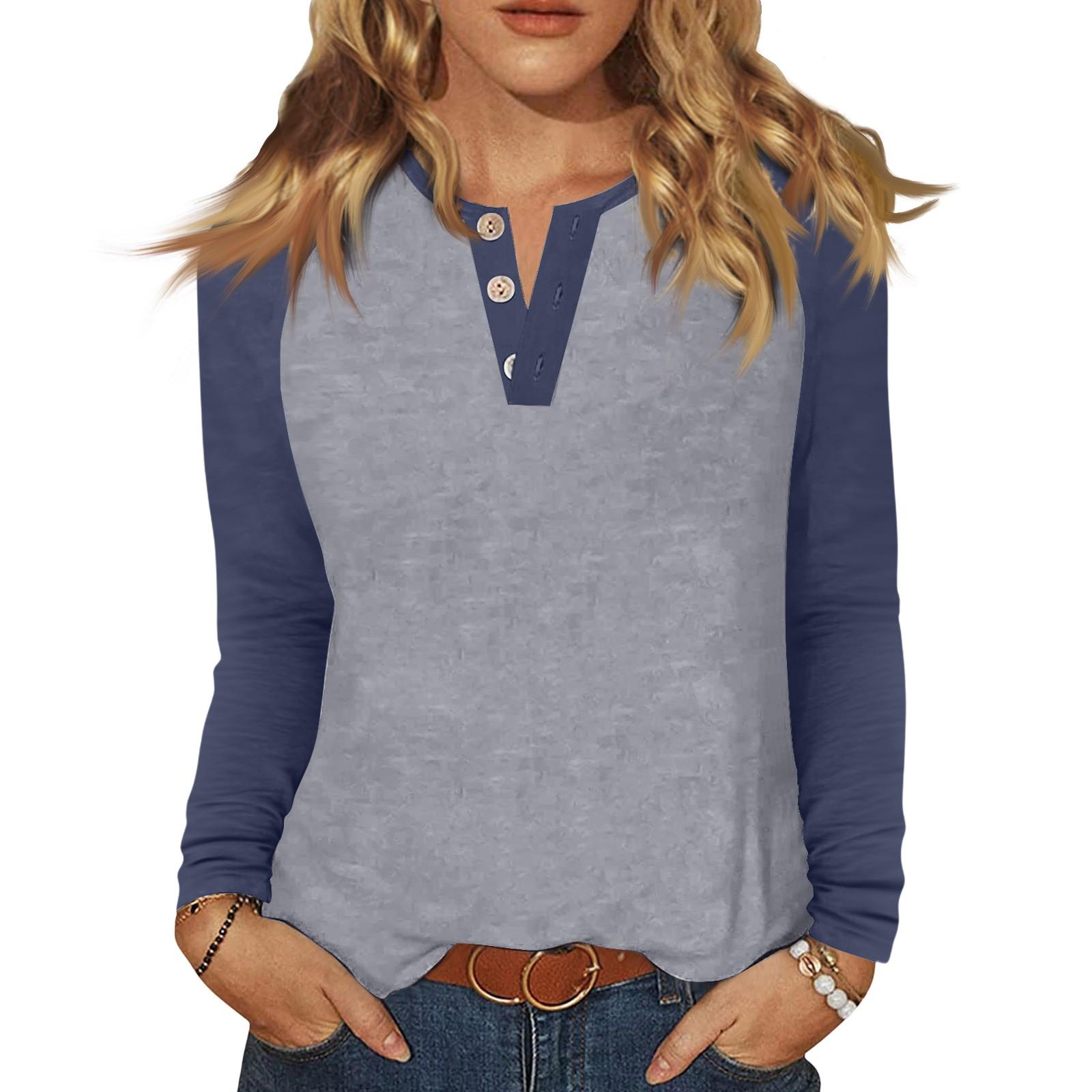 

Женская футболка колор-блок на пуговицах с длинным рукавом, повседневная, для выходных, модная, базовая, с V-образным вырезом, обычная XL тёмно-синий