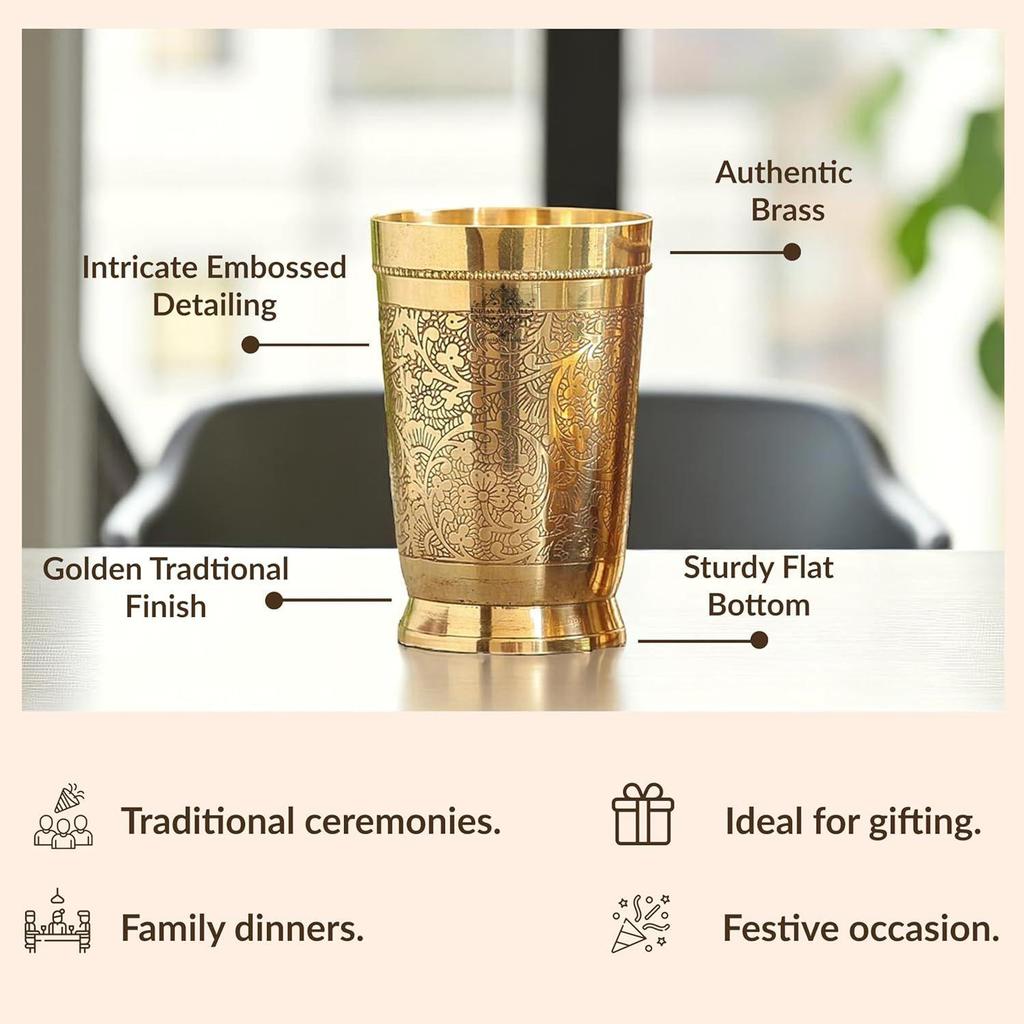 Pure Brass Glass Tumbler with Embossed Design, for Drinking Serving Water, Yoga & Ayurveda, Volume-270 ML, 1 Piece