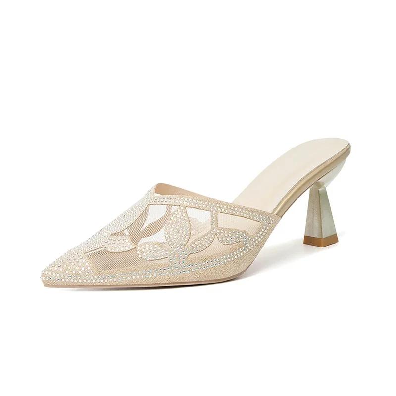 Fashion Summer Concise Women Mules Shoes High Heels Woman Slippers Wedding Sandals Women Shoes Fashion Rhinestone Mesh Lace Flip Flops