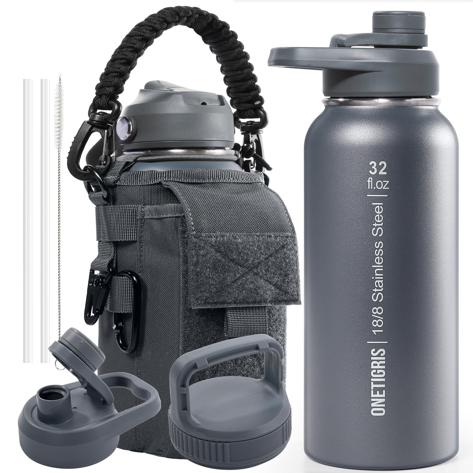 

OneTigris 1 Liter Stainless Steel Water Bottle Set with Vacuum Insulated Keeps Hot or Includes 3 Replacement 2 and 1 Wide Easy to Military Suitable серый