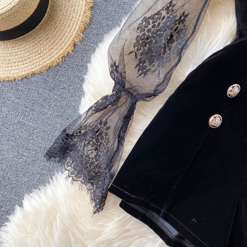 Two Picce Sets Slim Jumpsuits Spring Long Sleeve Lace Mesh Shirt Women Double Breasted Playsuits Ladies Bodysuit Suit