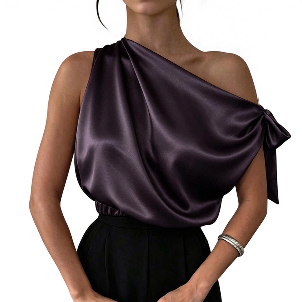 Satin Asymmetric One Shoulder Blouse for Women with Off Shoulder Elegant Top Shirt