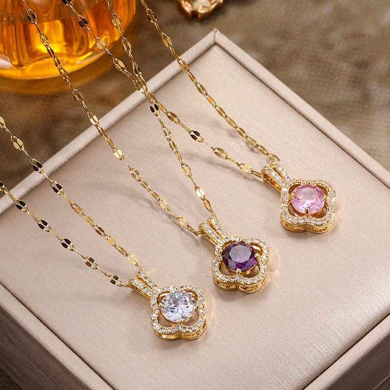 Douyin Women's Amethyst Zircon Clover Necklace - Luxury Titanium Steel Clavicle Chain