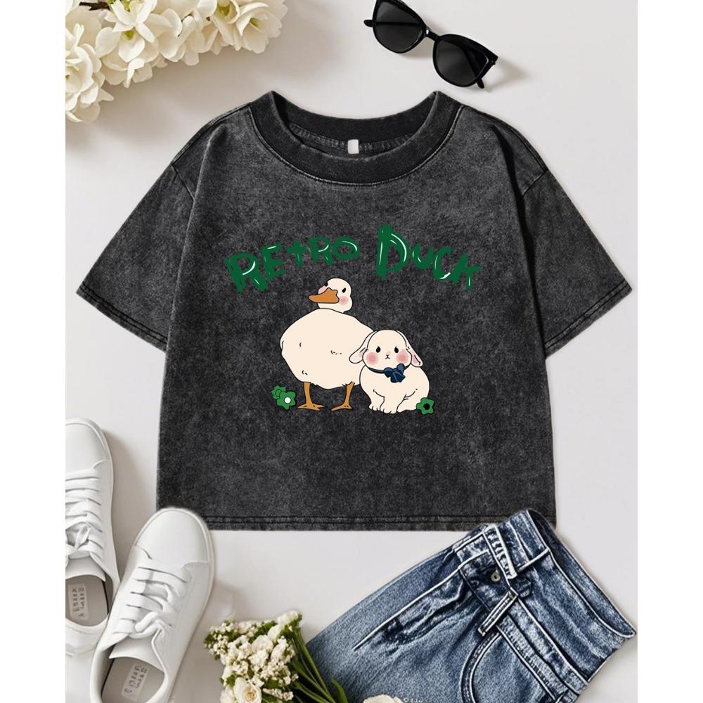 Cartoon Retro Rabbit Duck Print Washed T-Shirt Women Cotton Comfortable T Shirt Woman Streetwear Y2K Top