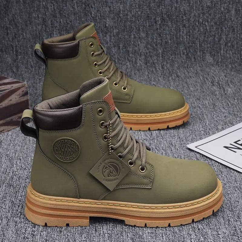 High Top Mens Boots Fashion Leatherwear Lace Up Non-Slip Men BootsComfortable Korean Version Man Workwear Boots Botas Hombre
