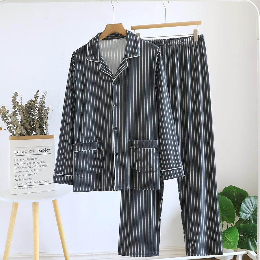 Men's Loose-Fit Pure Cotton Pajama Set: Long Sleeve Cardigan & Pants for Spring/Autumn