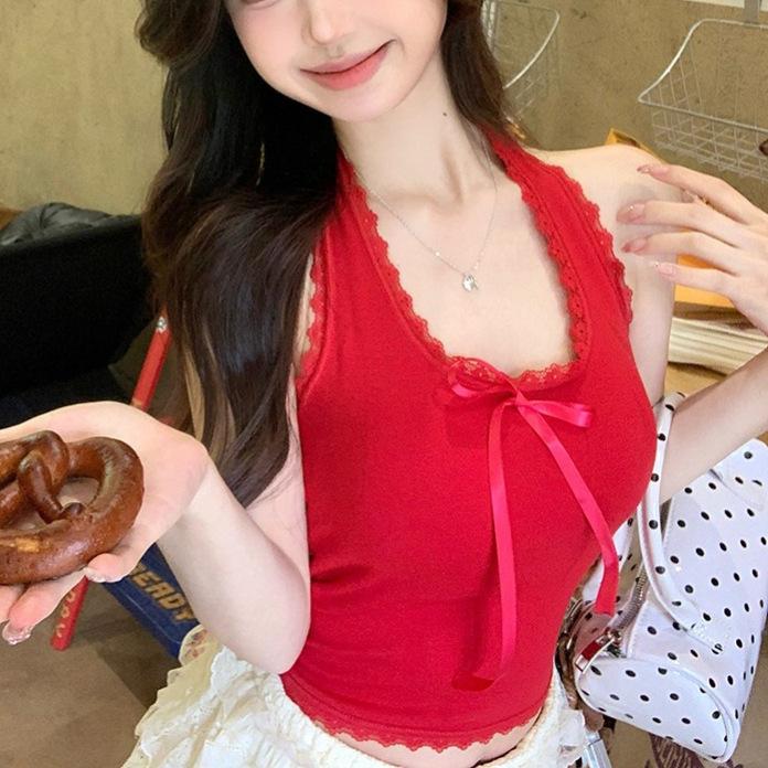 Summer women's new Korean Spice Girls sexy slim European and American style bow lace neck sling vest top