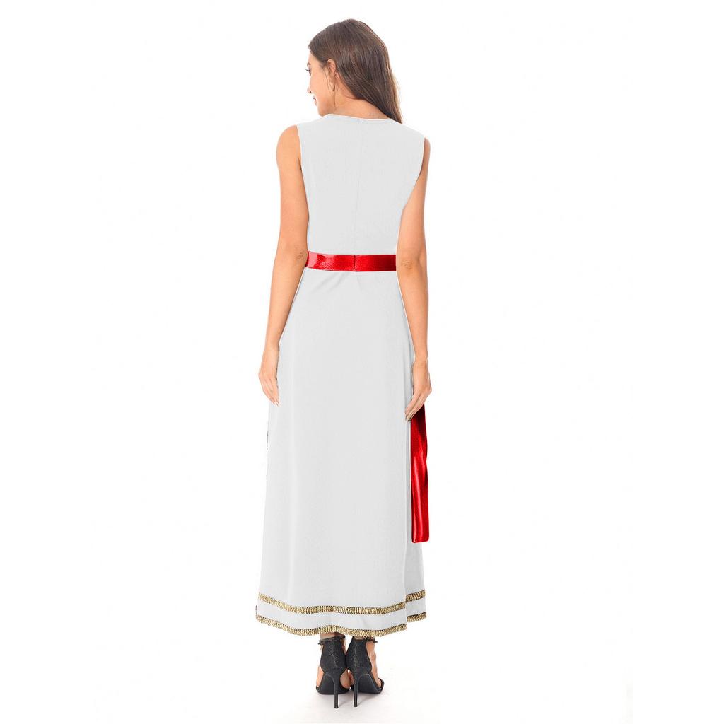Womens Greek Roman Tunic Dress Square Neck Sleeveless Gold Trim Metallic Shiny Drape Robe Toga Halloween Costume