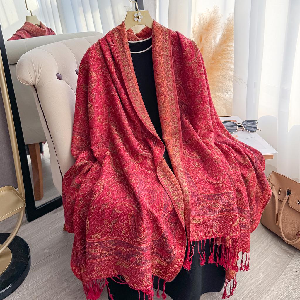 Modischer Damen Winter Warmer Kaschmirschal - Quastenbesetzter Vintage Floral Ölmalerei Gedruckter Pashmina Dicker Schal