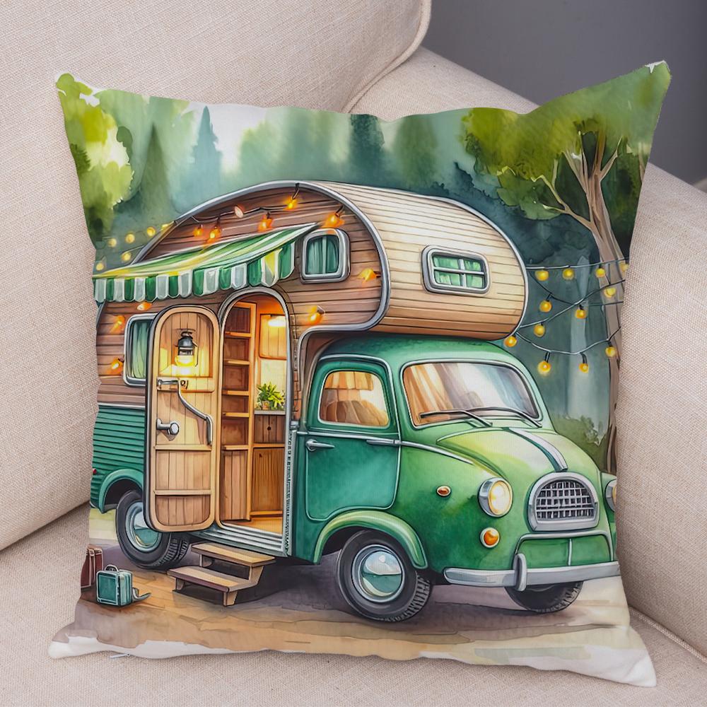 Happy Campers Pillow Case Double Print Decor Cartoon House Travel Car Cushion Cover for Sofa Home Soft Plush Pillowcase