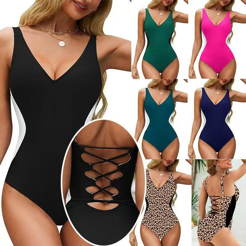 Women S One Piece Swimsuit Color Block Backless Tie Design Sexy Swimwear