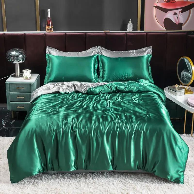 Nordic Satin Silk Bedding Set with Duvet Cover Bed Sheet Pillowcases Luxury Solid Single Double Couple Pillow Case Bedsheet