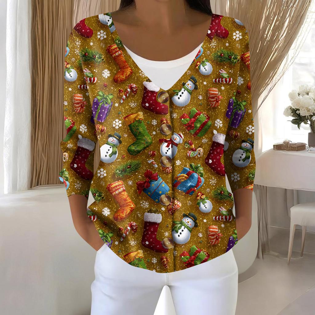 Women's Fashion Long Sleeve Christmas Snowman Snowflake Print Jacket Cardigan