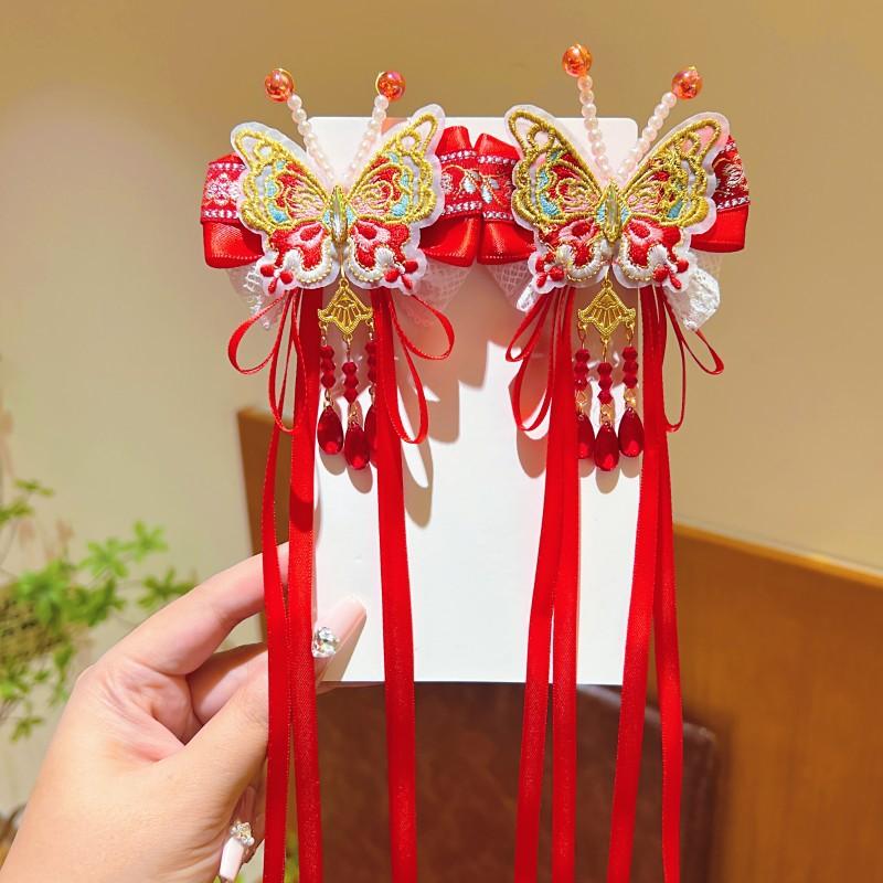 Hanfu Kopfschmuck Kinder Neujahr Haarnadel Niedlich Süß Chinesischer Stil Rote Haarspangen Quaste Antiker Stil Haarspange