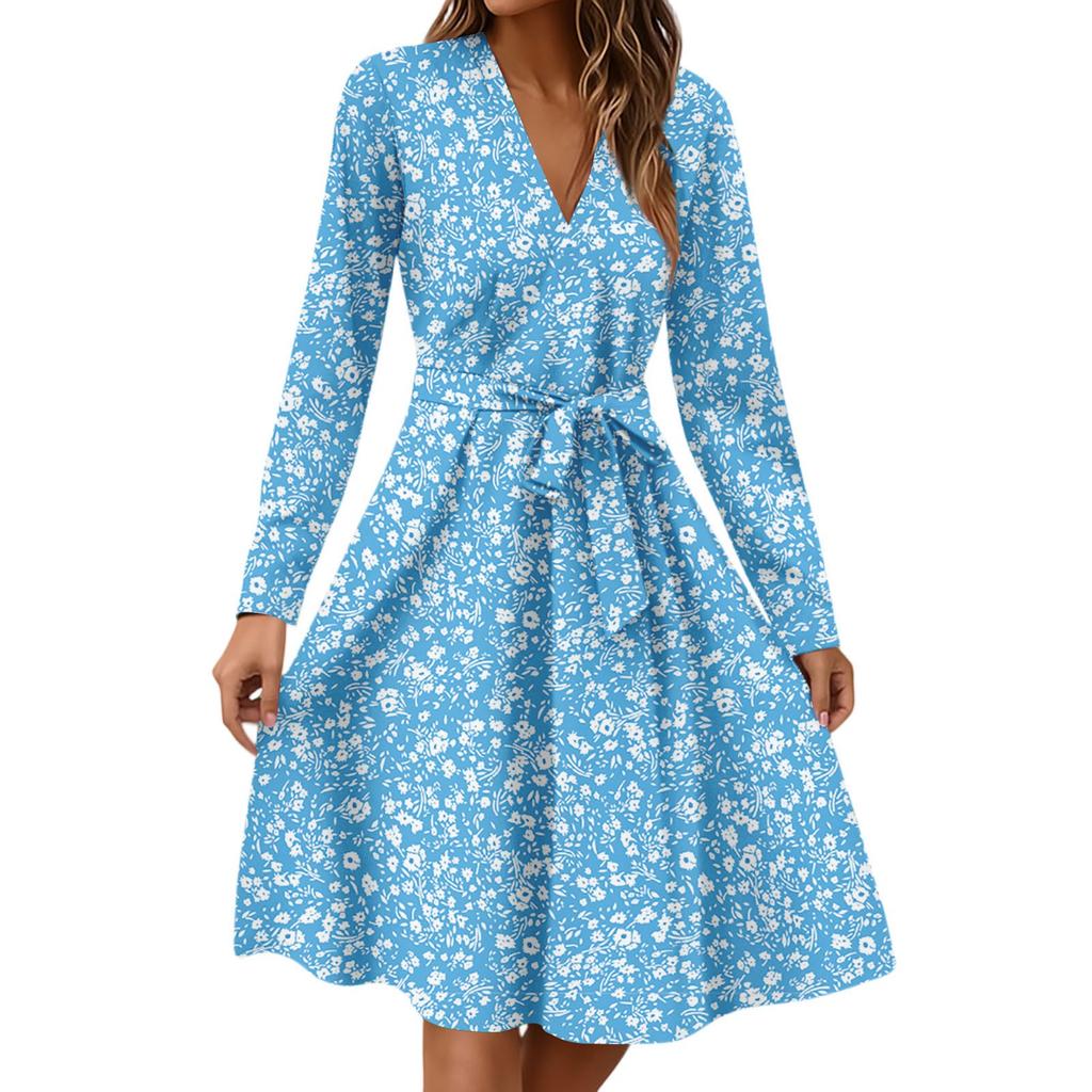 Dámské módní ležérní šaty midi s výstřihem do V, dlouhým rukávem, v pase a s květinovým potiskem