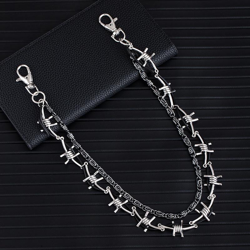 Personalized Punk Wind Leather Rope Thorns Trousers Men'S Trendy Cool Double Waist Chain Fashion Hip Hop Lanyard