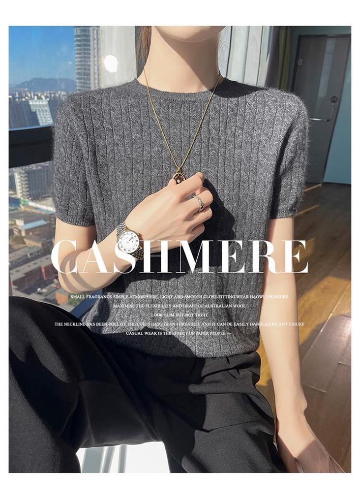 Women's Cable Knit Cashmere Sweater - Round Neck, Five-Sleeve, Solid Color, Perfect for Spring and Autumn.