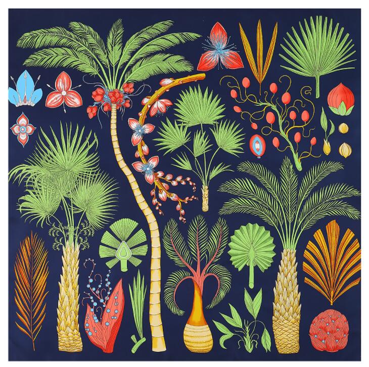 New Luxury Brand Design Sago Cycas Palm Tree Winter Square Scarf 130cm Twill Silk Scarf Women Kerchief Scarves For Ladies