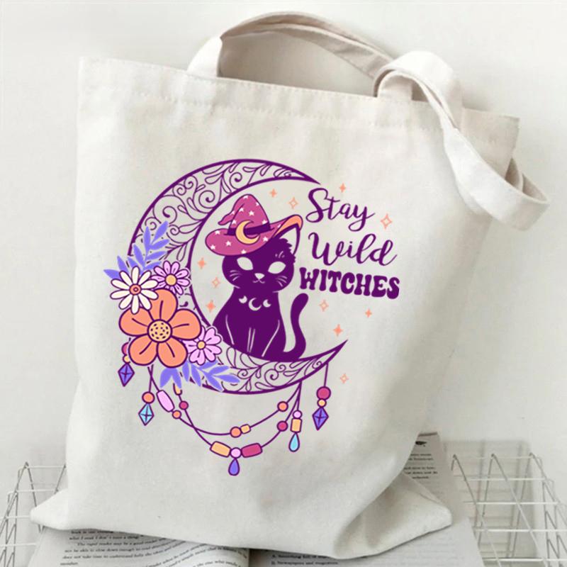 Cat Tote Bag Gothic Black Cat Shopper Halloween Party Gift Shopping Bag Spooky Seasonal Fun Animal Women's Tote Bag