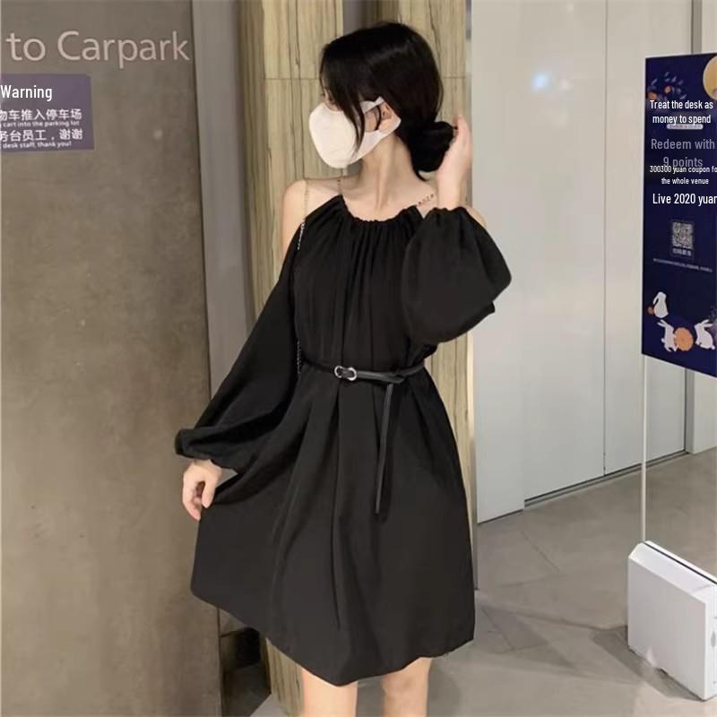 Chic French Shoulder-Baring Long-Sleeve A-Line Dress – Autumn Slim-Fit Halter Style for Women
