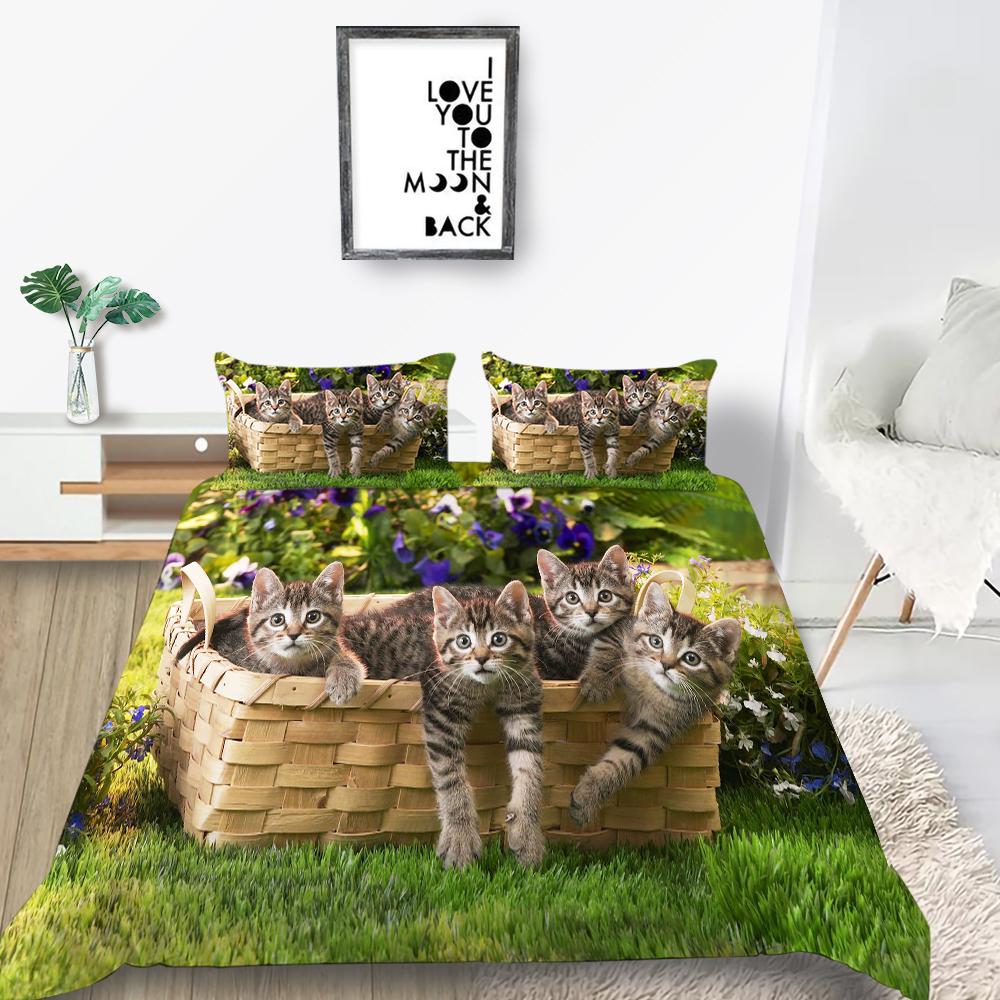 Cat Duvet Cover Set King Size Microfiber Cute Animal Print Girl Teen Kid Comforter Cover Lovely Kitty Series Pattern Bedding Set