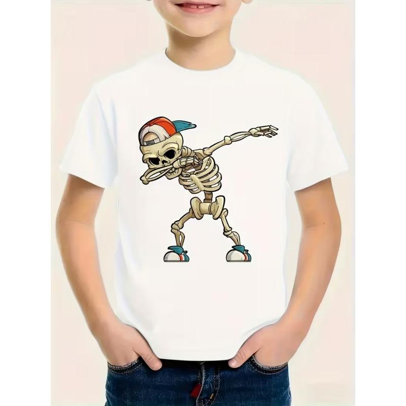 

European Size Boys Round Neck Short Sleeved T Shirt with Skull Pattern Print 164cm білий