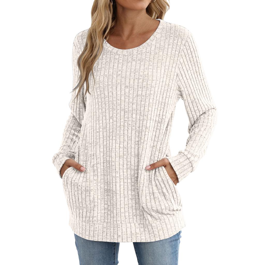 Tricou de damă la modă, cu croială largă, gât rotund, culoare uni, cu buzunar, cu mâneci lungi