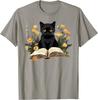Black Cat Reading Book Graphic Tee Cute Witchy Cat Lover T-Shirt Women Casual