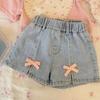 Girls Summer Fashion Set Pink Bow Short Sleeve Top And Denim Shorts Two Piece Outfit For Kids Casual Trendy Clothing