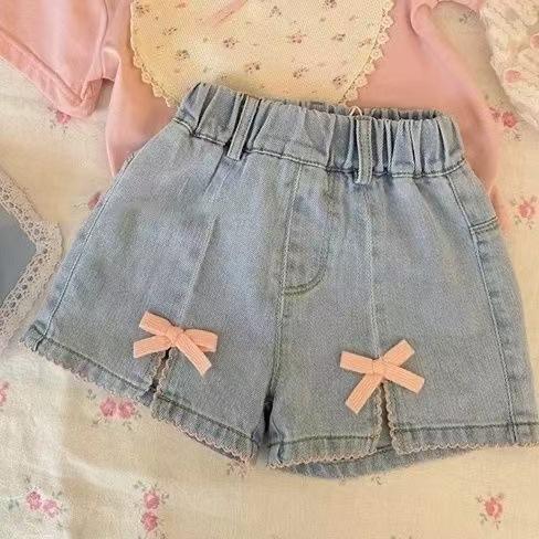 Girls Summer Fashion Set Pink Bow Short Sleeve Top And Denim Shorts Two Piece Outfit For Kids Casual Trendy Clothing