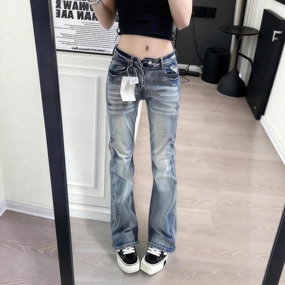 Women's Low Waisted Washed Micro Flare Jeans Slim Fit Retro Stretch Denim Pants for Summer