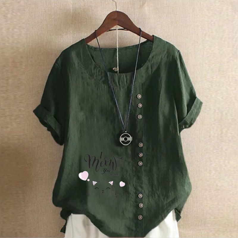 Women's Fashion Cat Letters Prined Short Sleeve T-shirt Loose Cotton Shirt Casual Loose Summer Blouse Tops Plus Size