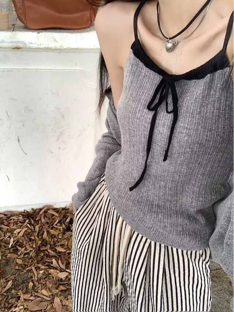 Korean Style Autumn Two-Piece Set: Color Block Cardigan & Tie-Up Camisole Vest