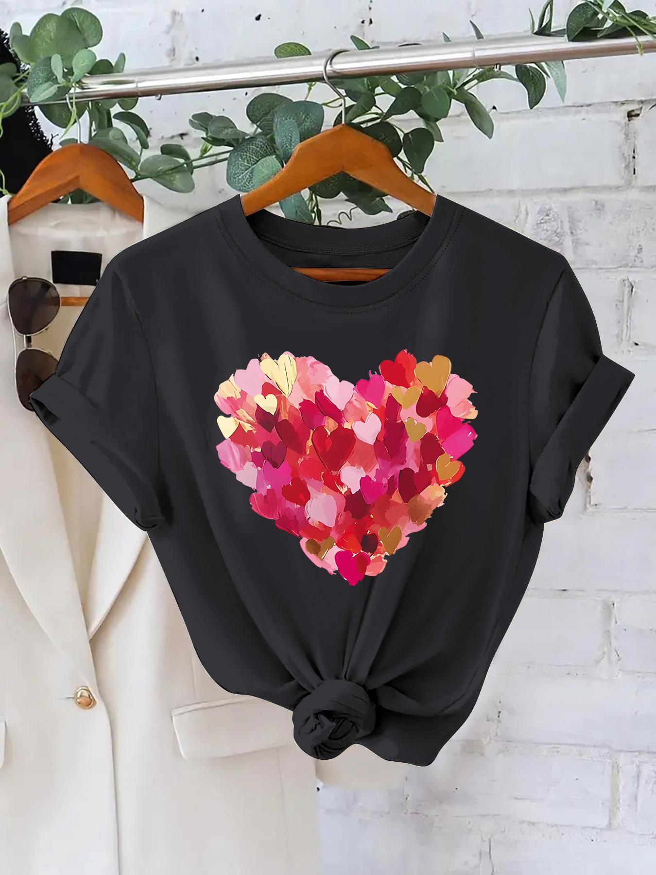 

European Size Large Multi-Color Heart Pattern Women S Fashion T-Shirt | 180g Crew Neck, Regular Length, Elegant Style, Summer Season 4XL