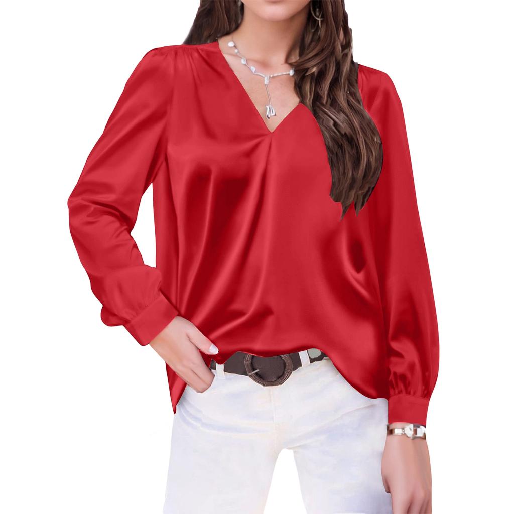 Women's V,Neck Casual Loose Satin Ruched Long Sleeve Work Blouse