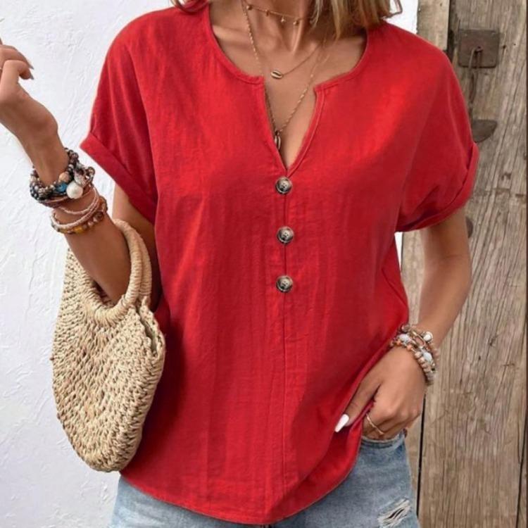 Summer Casual Short Sleeve V Neck Button Down Solid Color Women Shirt Top