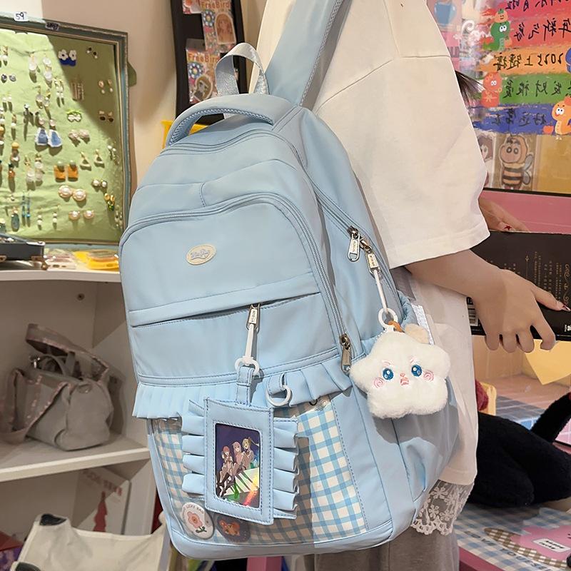 Schoolbag Korean Version Cute Plaid Schoolbag Female Junior High School Student High Value Transparent Bar Pain Bag Ins Wind Large Capacity Backpack