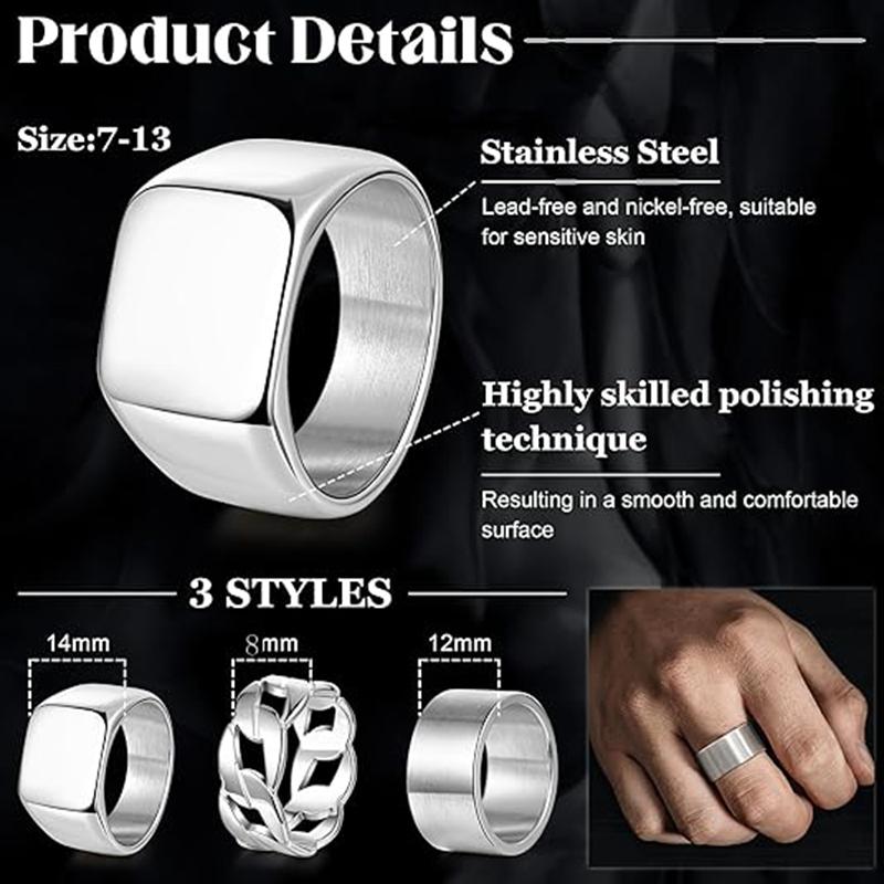 3Pcs Stainless Steel Signet Rings Chunky Wide Band  for Men Women Cuban Link Chain  Fashion Matte Finish  Comfort Fit