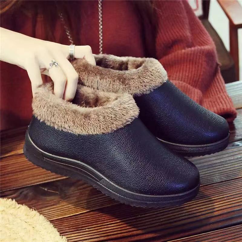 Winter Women's Snow Warm Short Tube Flat-bottomed Home Soft-soled Slippers Plus Velvet Non-slip Cotton Shoes