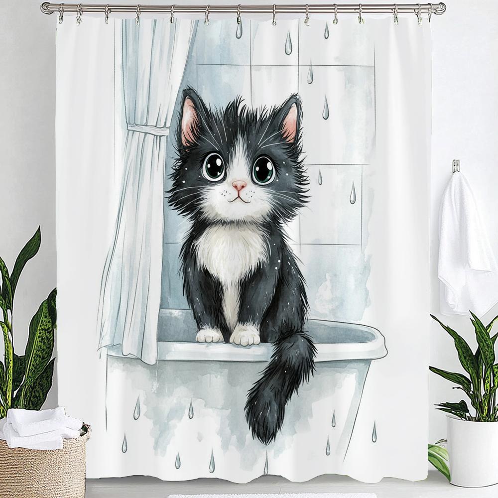 Cartoon Niedliche Katze für Badezimmer Duschvorhang, Dekorativer Duschvorhang, Bedruckter Stoff Vorhang für Zuhause Mit Haken