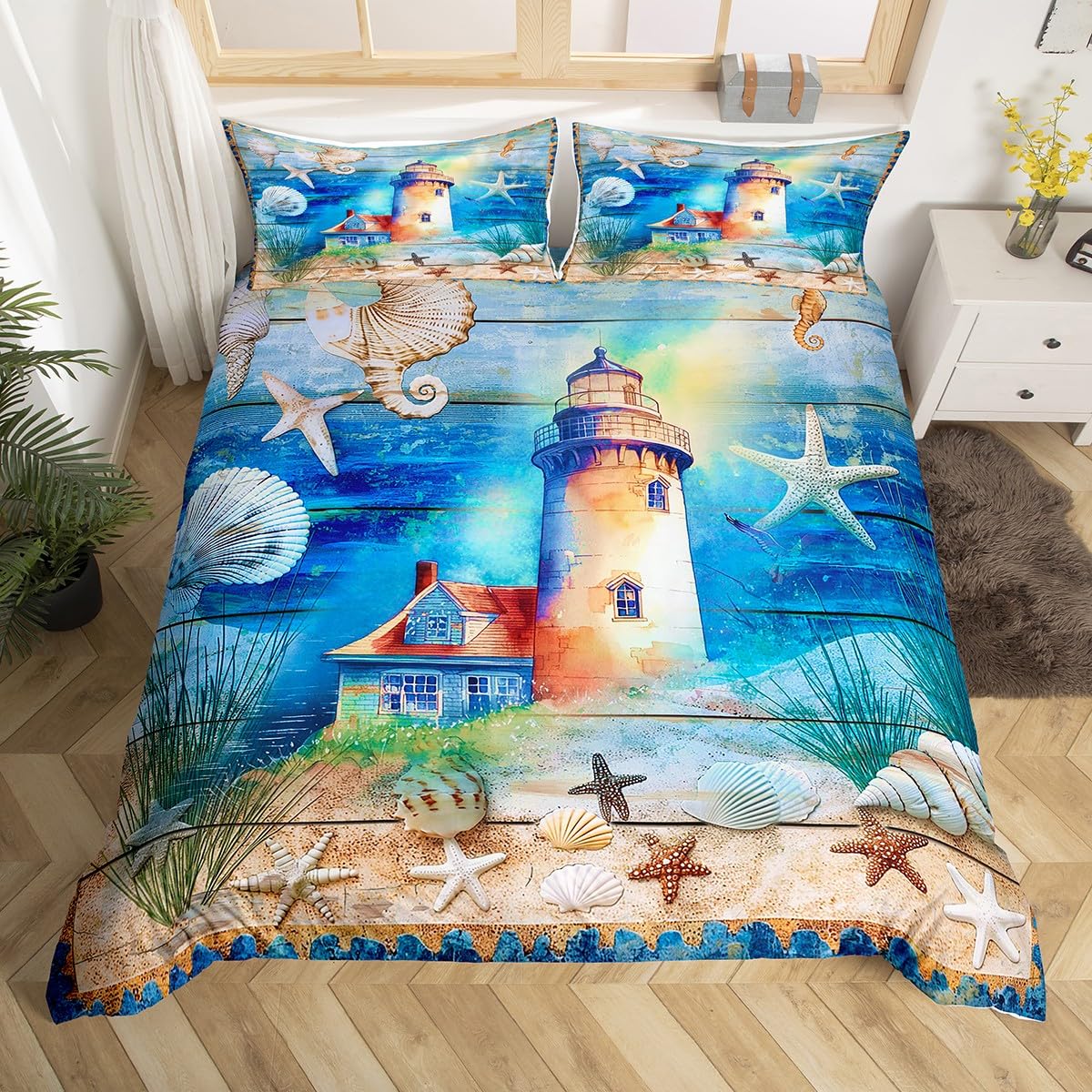 

Seaside Town Landscape Bedding Set Flowers stic Duvet Cover Coastal Style Island Comforter Cover Ocean Scenery Quilt Cover (135x200cm)