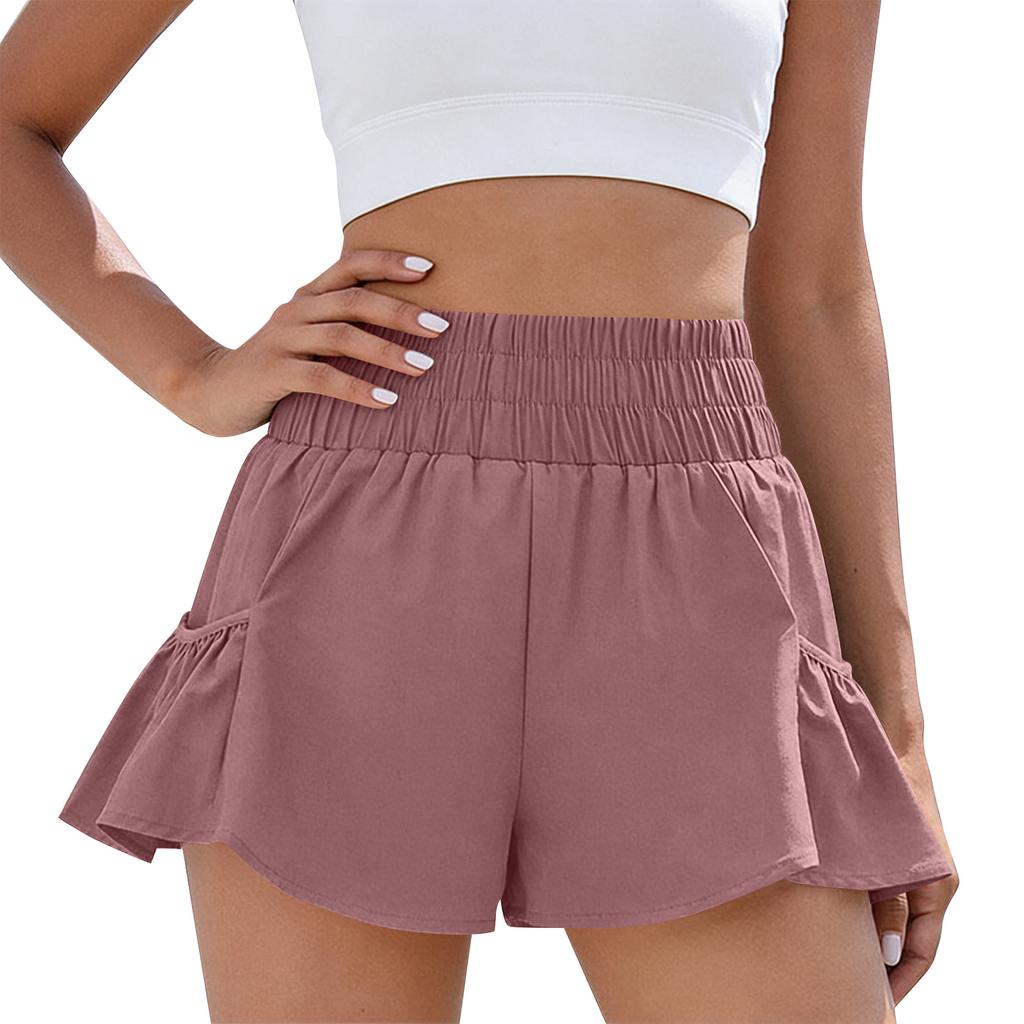 High Waist Ruffle Hem Shorts for Women Elastic Waistband Flowy Casual Shorts with Pockets Lightweight Fabric Design