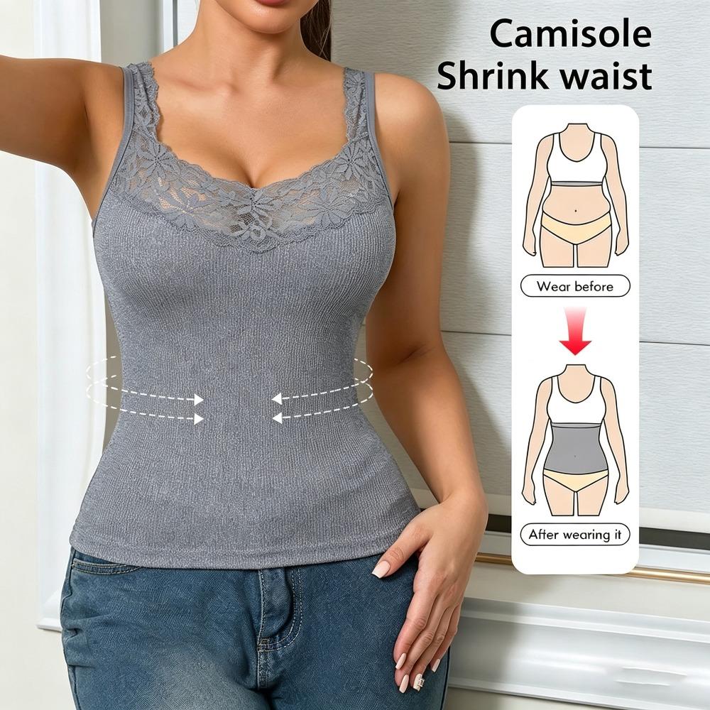 

Plus Size Women Wide Shoulder Lace Camisole Vest, Beautiful Back Slim Fit Lace Tank Top, Hot Girl Inner Outer Wear Basic Undergarment S сірий колір