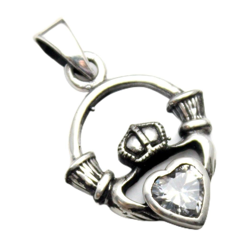 Heart Claddagh Celtic Pendant Necklace, Sterling Silver 925, Zirconia